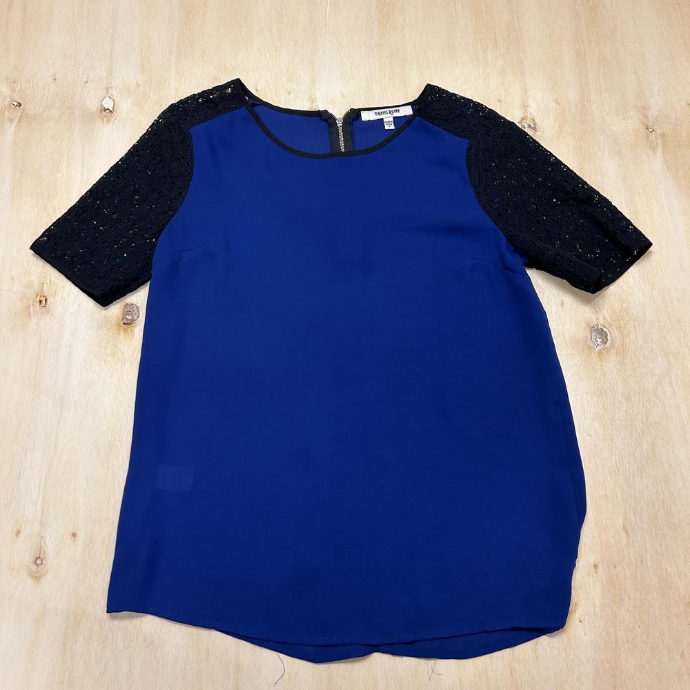 Daniel Rainn Blouse Womens Small Blue Crochet Lace Short Sleeve Chiffon Top
